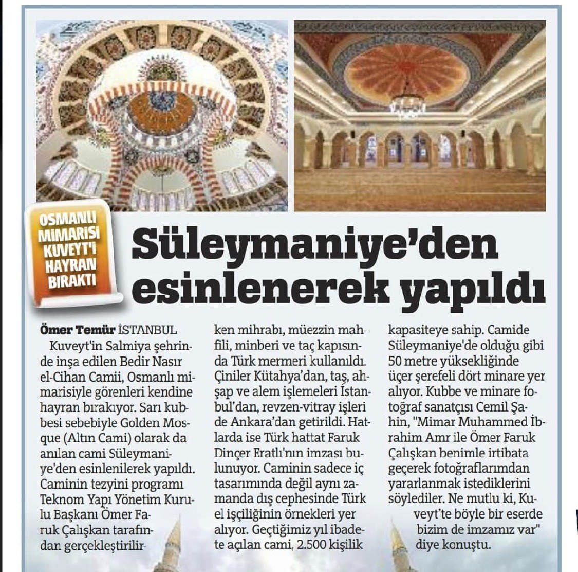 Altın Cami ve Osmanlı mimarisi hakkında gazete haber kupürü