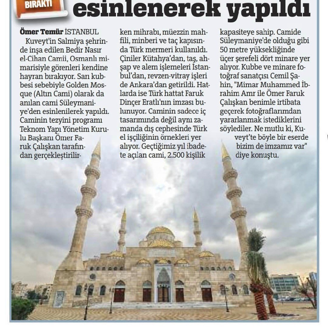 Altın Cami haber kupüründe caminin dış cephe fotoğrafı ve haber metni